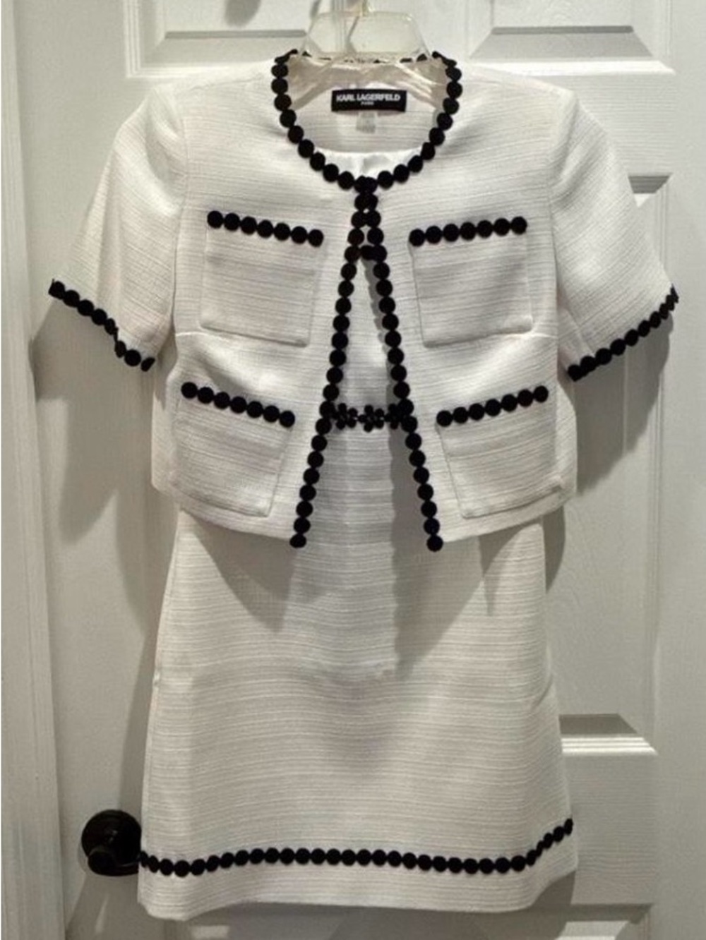 Karl Lagerfeld White Dress and Cropped Jacket with Black Trim
